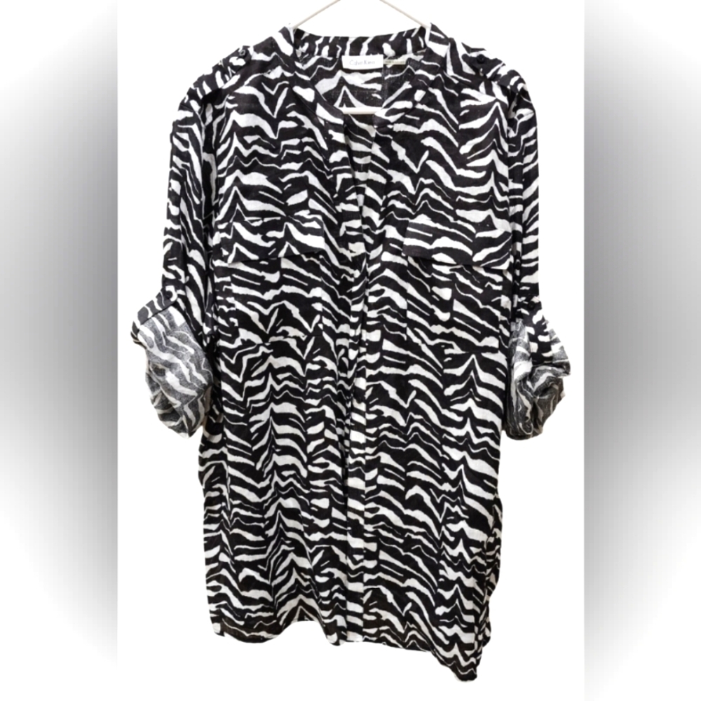 Calvin Klein zebra print button down linen tunic, size 2x